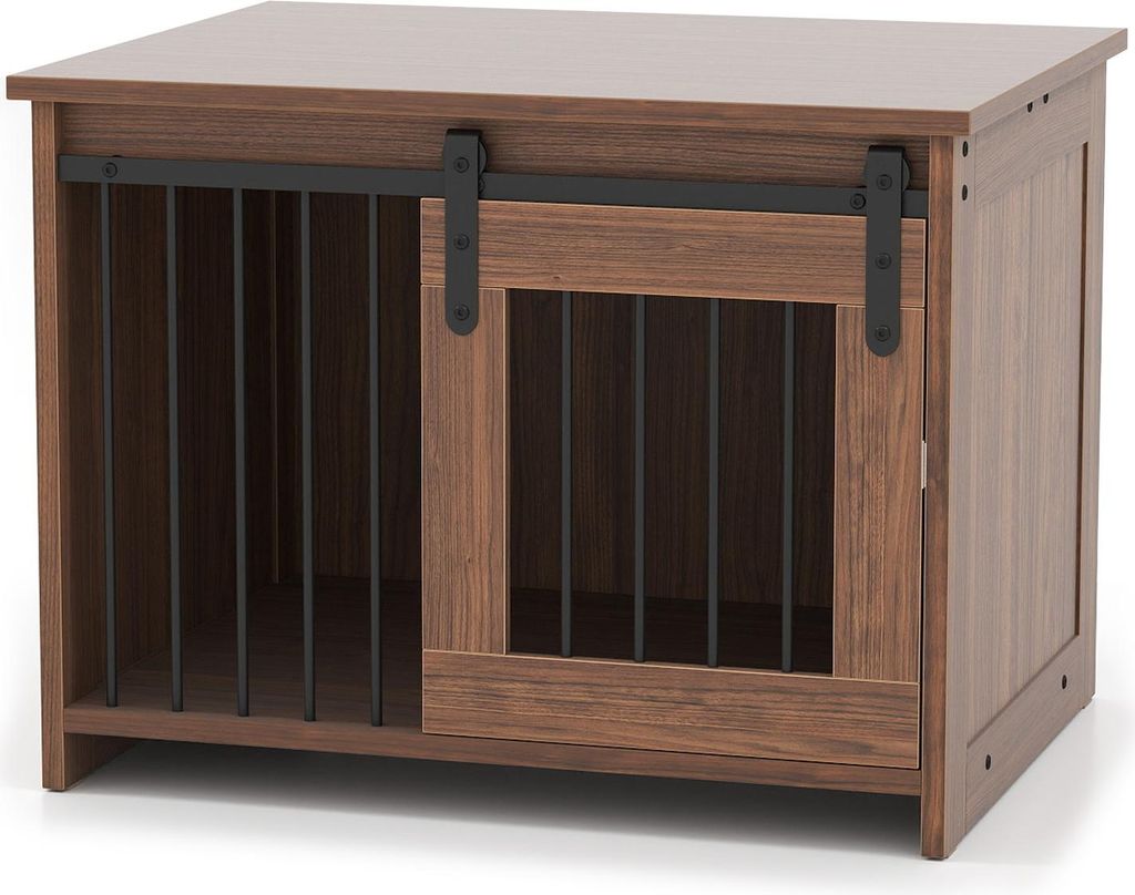 COSTWAY Hundekäfig Möbel, Hundebox für Zuhause, Hundehütte mit Schiebetür, Haustierkäfig Beistelltisch für kleine & mittelgroße Hunde 80x60...