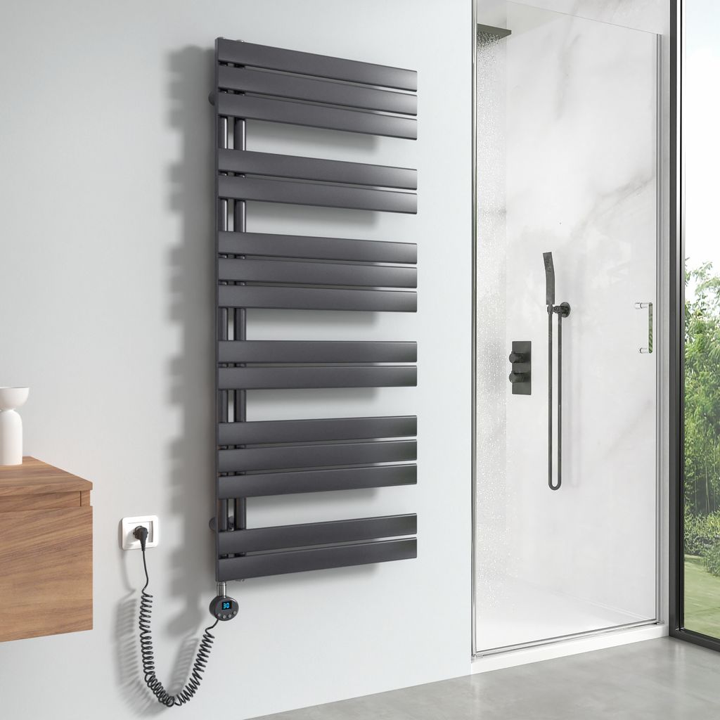 Meykoers Handtuchtrockner Elektrisch Anthrazit Heizkörper 1385 x 600mm Asymmetrie Design Badheizkörper mit Timer Thermostat 800W Handtuchwärmer ...