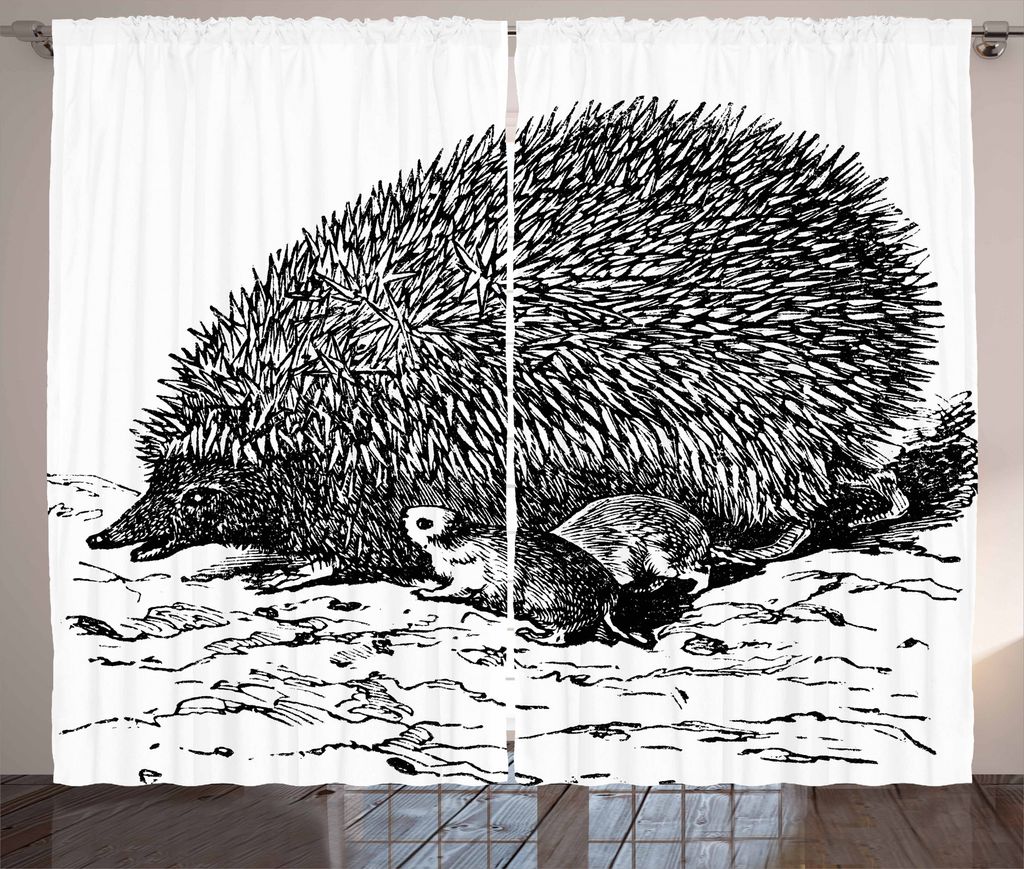 ABAKUHAUS Igel Rustikaler Vorhang, European Hedgehog, Wohnzimmer Universalband Gardinen mit Schlaufen und Haken, 280 x 175 cm, Schwarz Weiß Grau