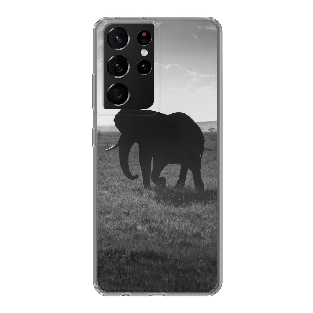 MuchoWow Handyhülle Schutzhülle Hülle für Samsung Galaxy S21 Ultra Elefant - Einfarbig - Tiere - Schwarz und weiß Silikon Softcase Handy Hü...