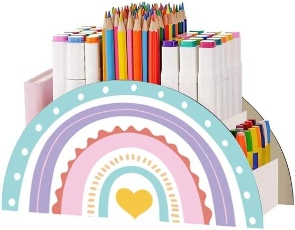 Porte-crayons arc-en-ciel en bois naturel pour bureau d'écolier enfant