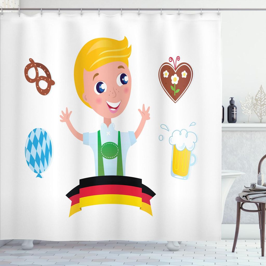 ABAKUHAUS Deutsche Duschvorhang, Bayerischer Junge mit blonden Haaren mit Oktoberfest-Symbolen Bier-Ballon und Brezel, 175 x 200 cm, Mehrfarbig