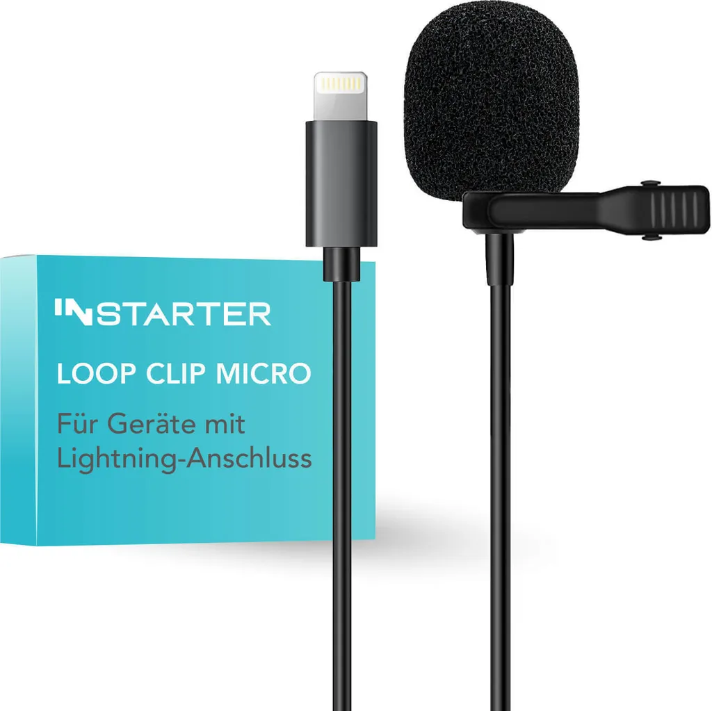 Microfono lavalier Instarter a clip (cavo da 6 m) con parabrezza e borsa I compatibile con dispositivi Apple I ripresa del suono a 360 gradi I suono chiaro I con morsetto in metallo per il montaggio (1023141)