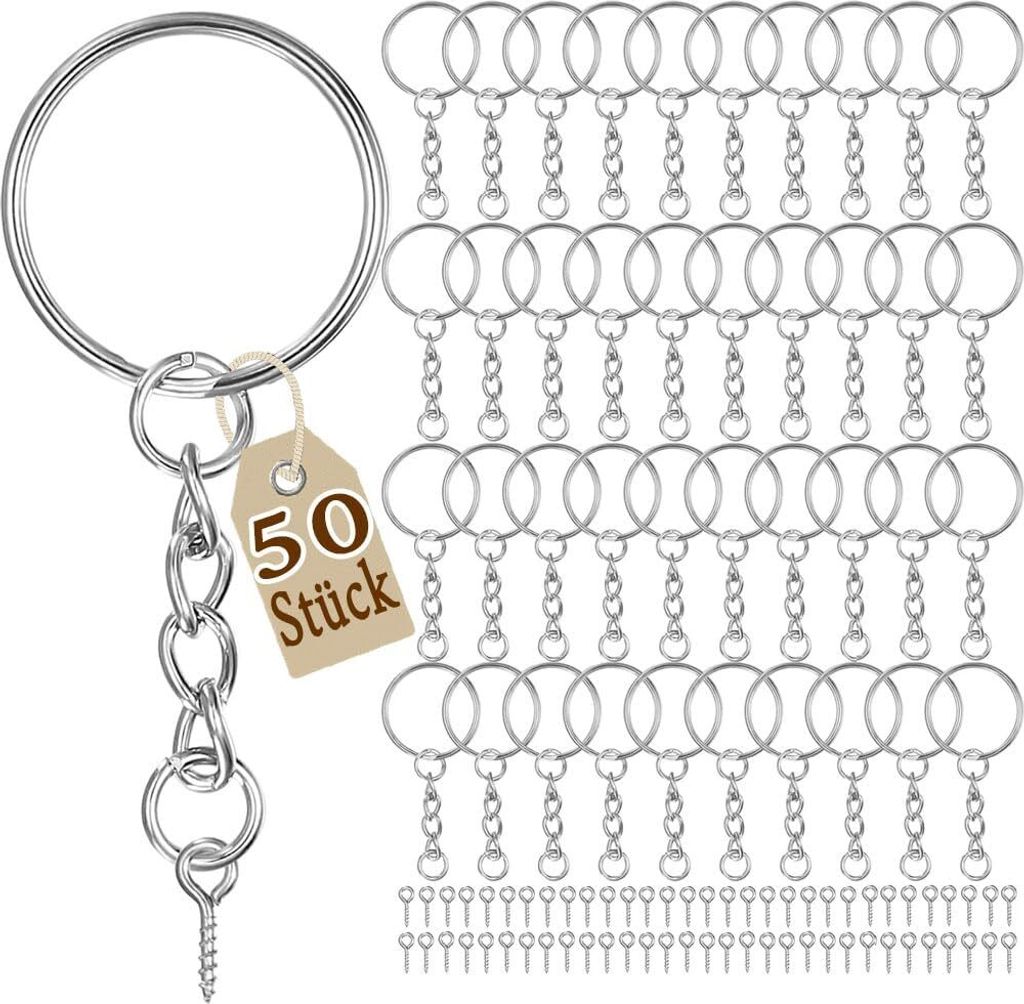 Frypay 100er Set Schlüsselringe mit Kette 25mm Silber 50 Schlüsselanhänger Ringe 50 Schraubösen Ideal für Schlüsselanhänger selber machen,Ba...