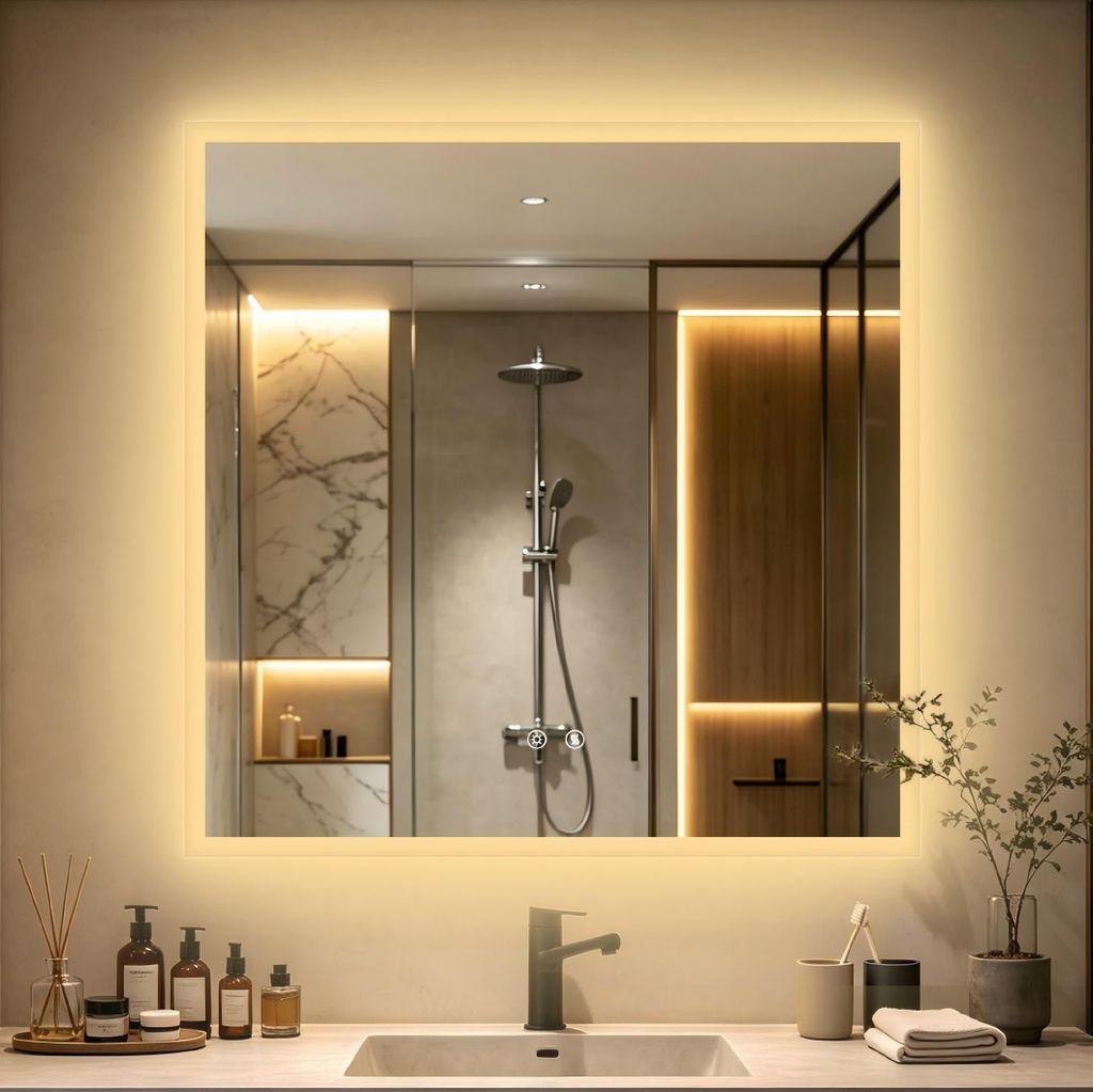 WISFOR LED Badspiegel 90x90 cm, Badezimmerspiegel mit Produktbild 