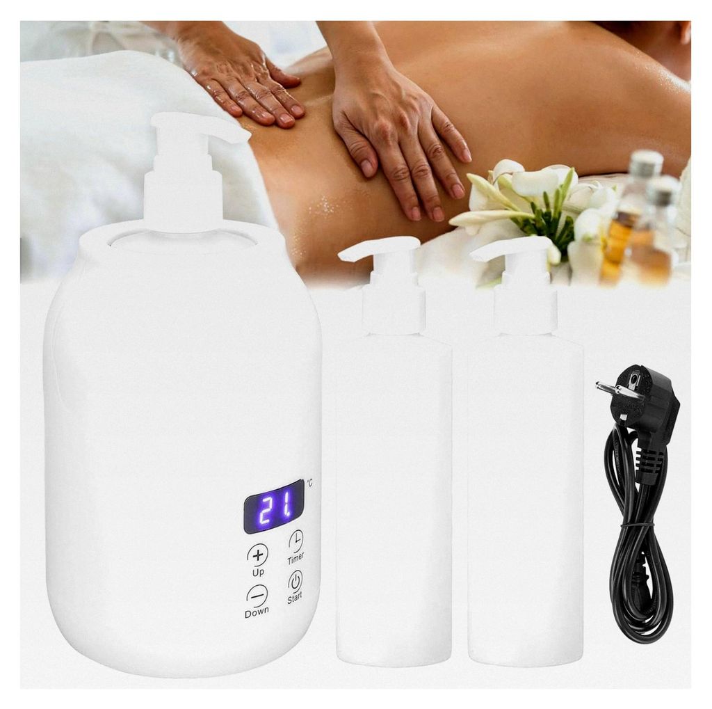Massageölwärmer, Einstellbare Temperatur 30-65 Grad, Massageöl Set mit 2 Internen Plastikflaschen für ätherische Öle und Rückenmassage