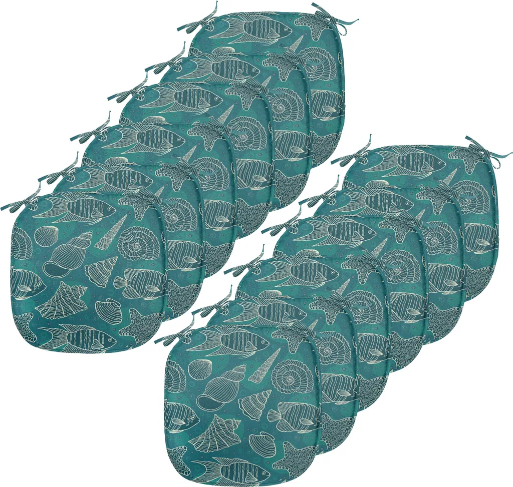 ABAKUHAUS Sea Shells Imbottitura per sedie da sala da pranzo, design Ocean Line, cuscino decorativo impermeabile con cinturini per sedie da cucina, 40 cm x 40 cm - confezione da 12, blu petrolio, verde acqua, beige