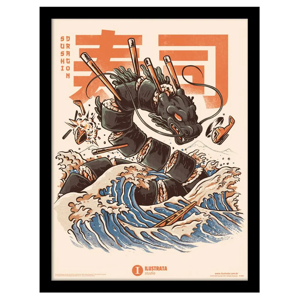 Décoration Murale Geek Sushi Dragon Ilustrata 40 cm x 30 cm Cadre Noir