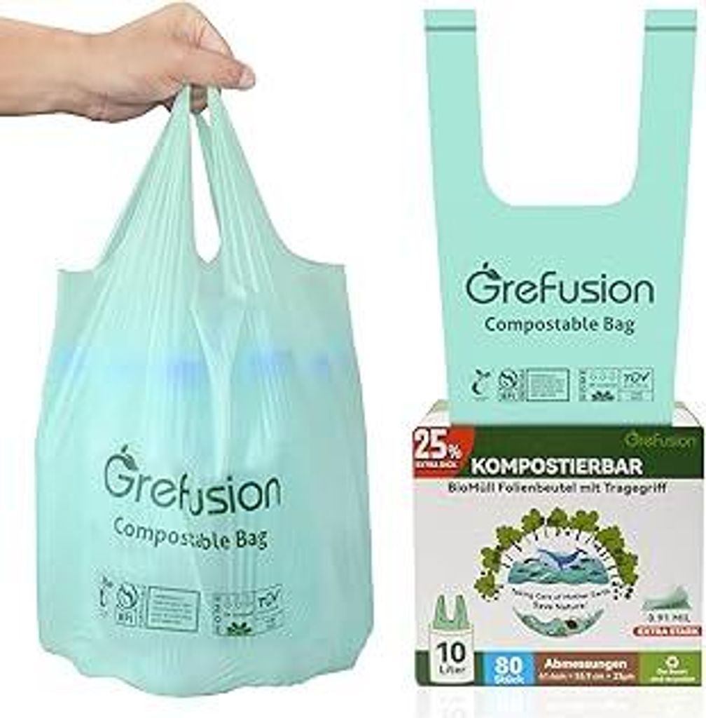 GreFusion Extra Stark 10L Biomüllbeutel mit Henkel 80 Stück Müllbeutel mit Tragegriff ok compost