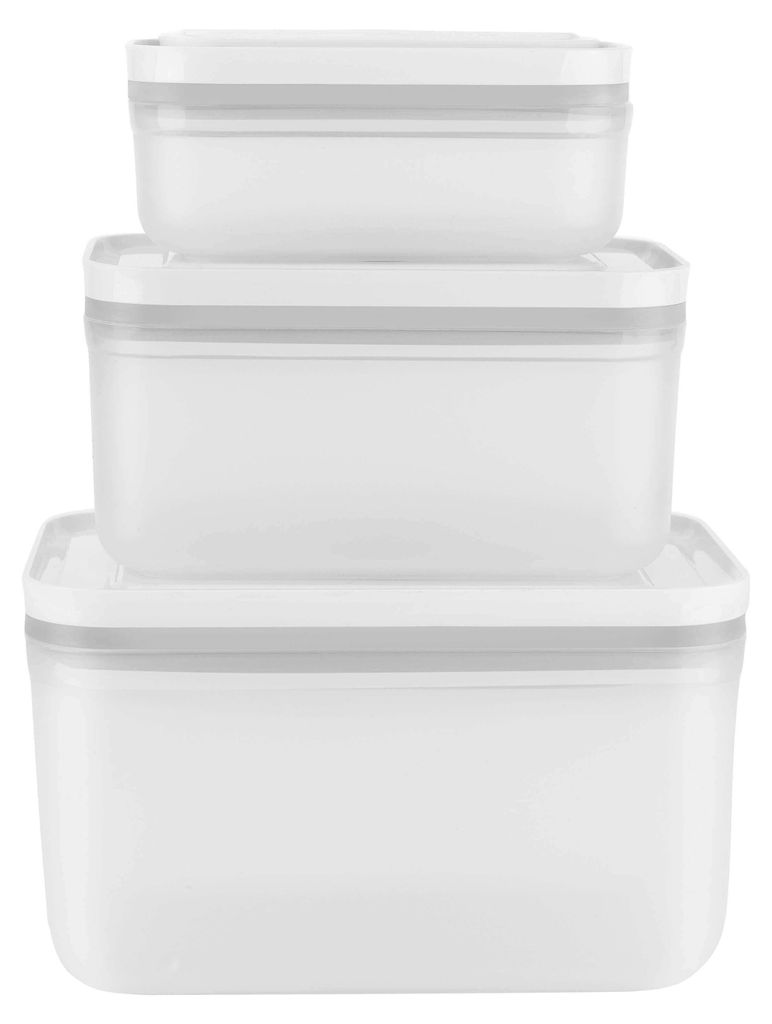 A stack of three white plastic food storage containers of varying sizes, with gray lids.