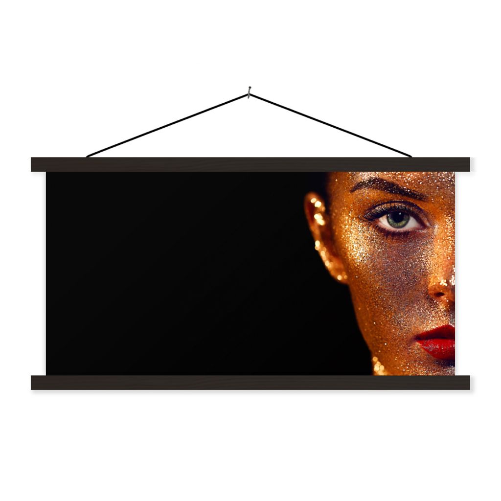 MuchoWow Textilposter Make-up - Gold - Frau - Luxus - Glitzer - Kunst 150x75 cm mit schwarzem Rahmen - Posterleiste