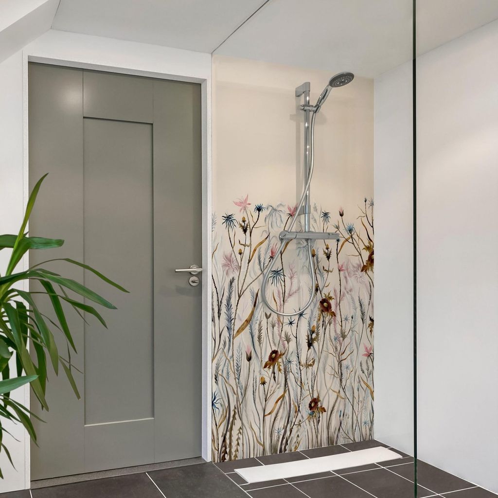 Duschrückwand Blumen selbstklebend - 0.61 mm Wandpaneel wasserfest Blumenwiese beige Vintage Badrückwand fugenlos Premium matt 80x190 cm