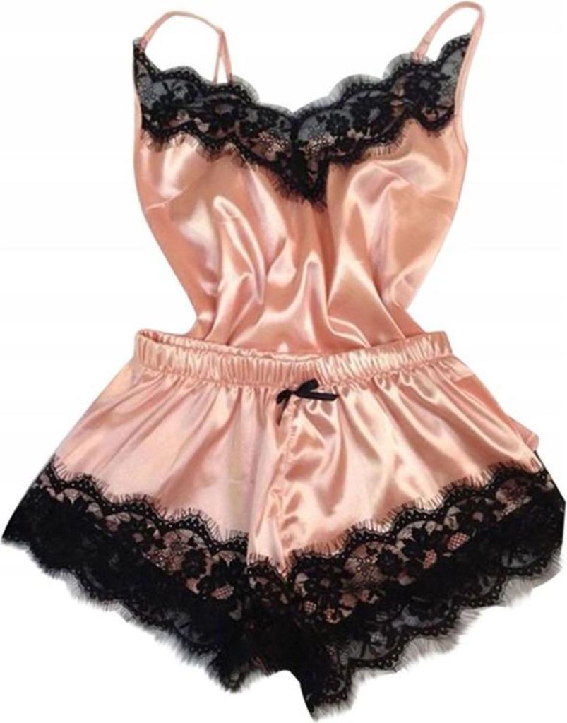 Pyjama - Nachtwäsche-Set - für Damen - Satin - Nachthemd mit Shorts - mit Spitze - Einheitsgröße - Rosa