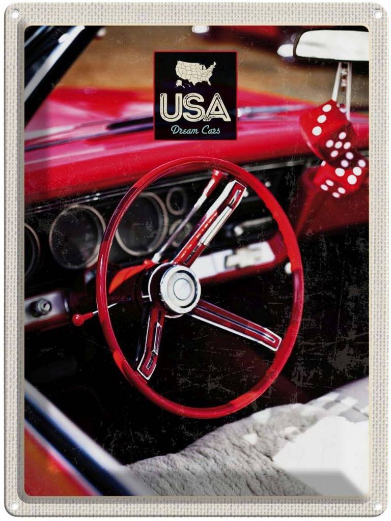 vianmo Blechschild 40x30 cm Amerika Oldtimer USA Urlaub Rot Würfel Bildmotiv Reisemotiv Abenteuer Reisen