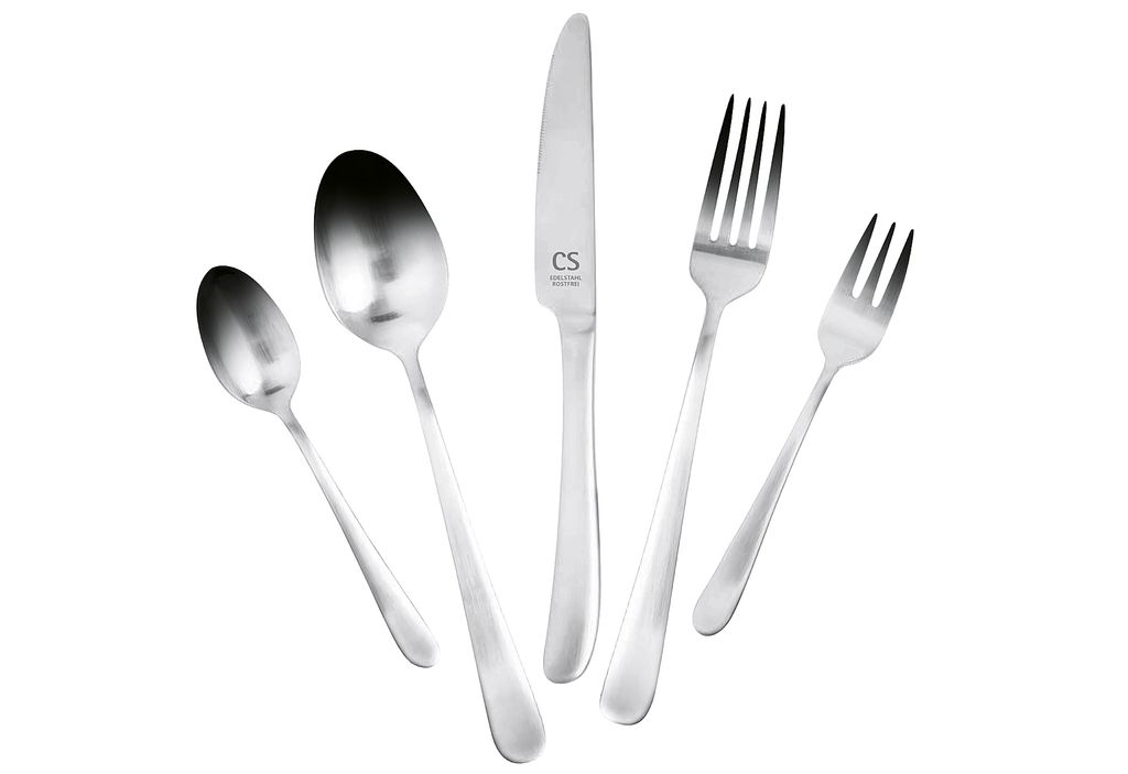 A set of cutlery arranged on a white background.