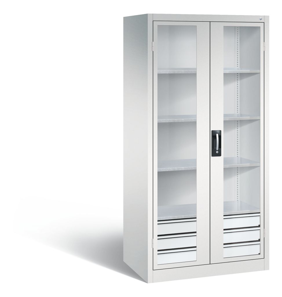 Großraum-Werkzeugschrank mit Sichfensterflügeltüren, 3 Schubladen unten, 4 Verstellböden, BxTxH 930x600x1950 mm, RAL 7035