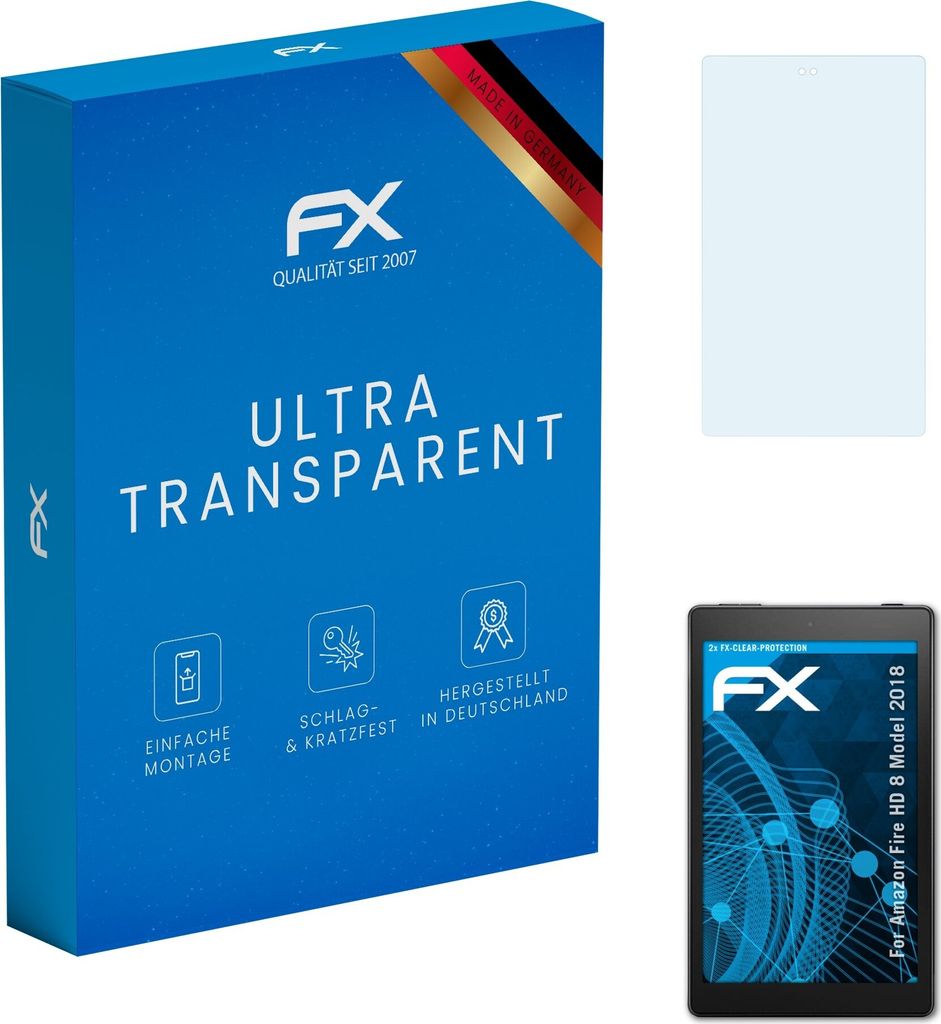atFoliX FX-Clear 2x Schutzfolie kompatibel mit Amazon Fire HD 8 (Model 2018) Displayschutzfolie