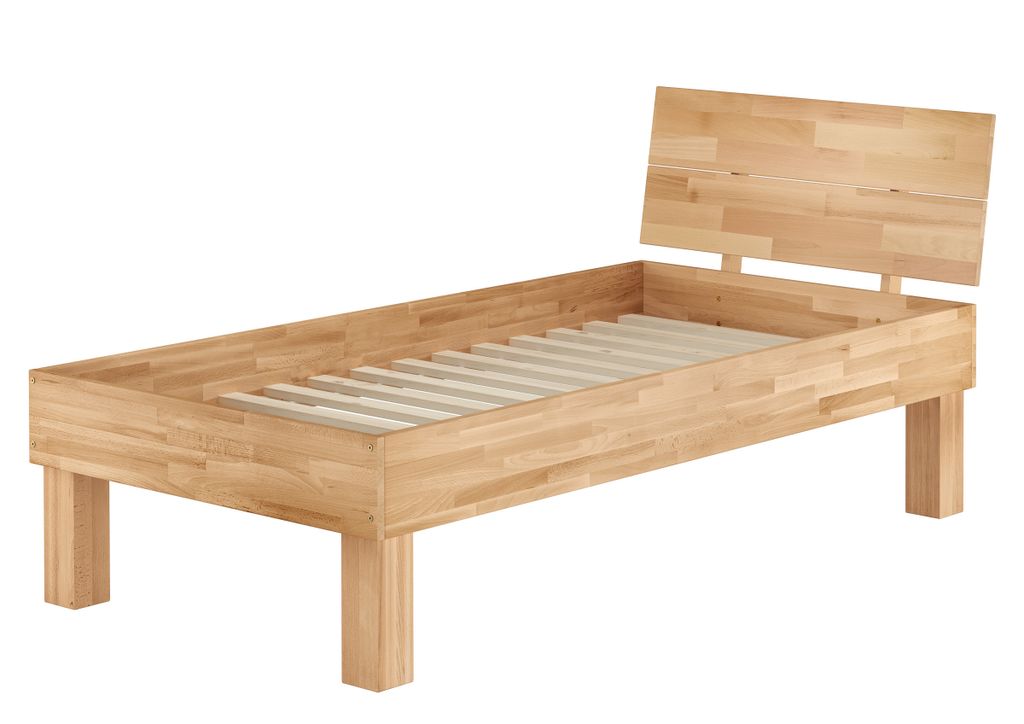 Einzelbett Buche 100x200 stabil hoch Massivholzbett Seniorenbett Zubehör wählbar V-60.81-10Rollrost inkl.