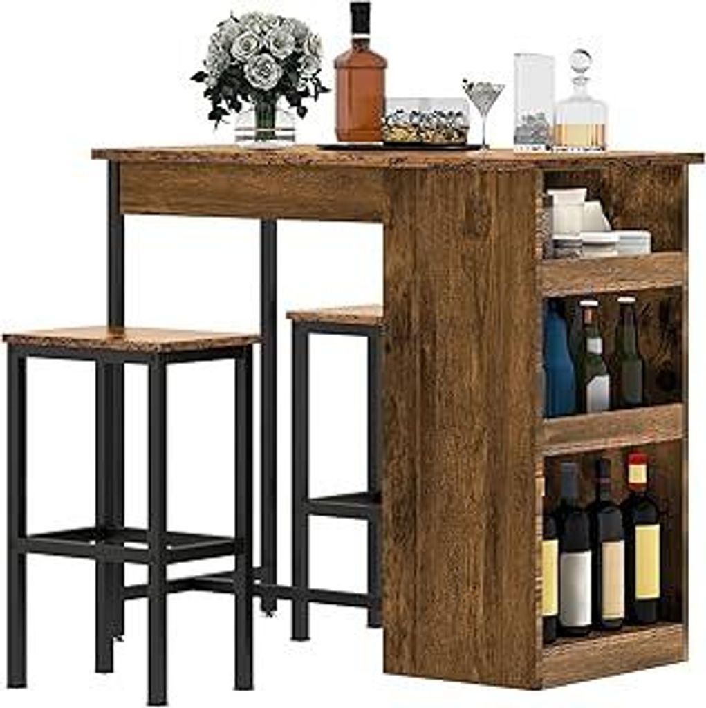 DWVO Frühstücksbar, Bartisch mit 2 Hockern und Ablage, Industrial Style Bartisch Set für Küche, Esszimmer, Kneipe, Rustikales Braun