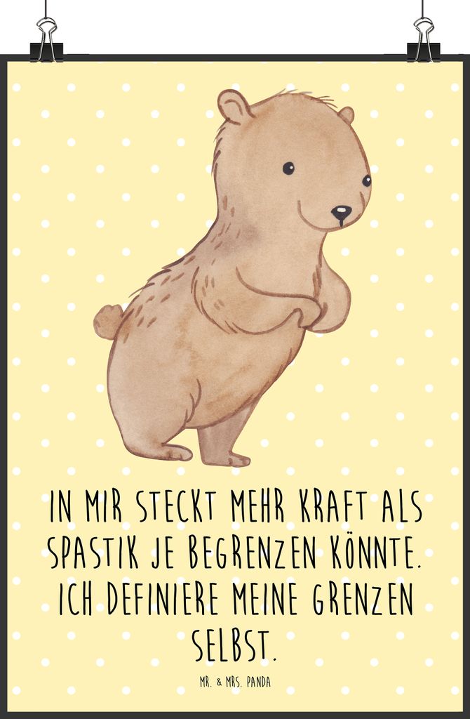 Mr. & Mrs. Panda Bild Bär Spastik DIN A4 - Gelb Pastell - Geschenk, Posterdruck, Kunstdruck, Wanddekoration, drucke, Spastizität, Spasmus, wanddeko