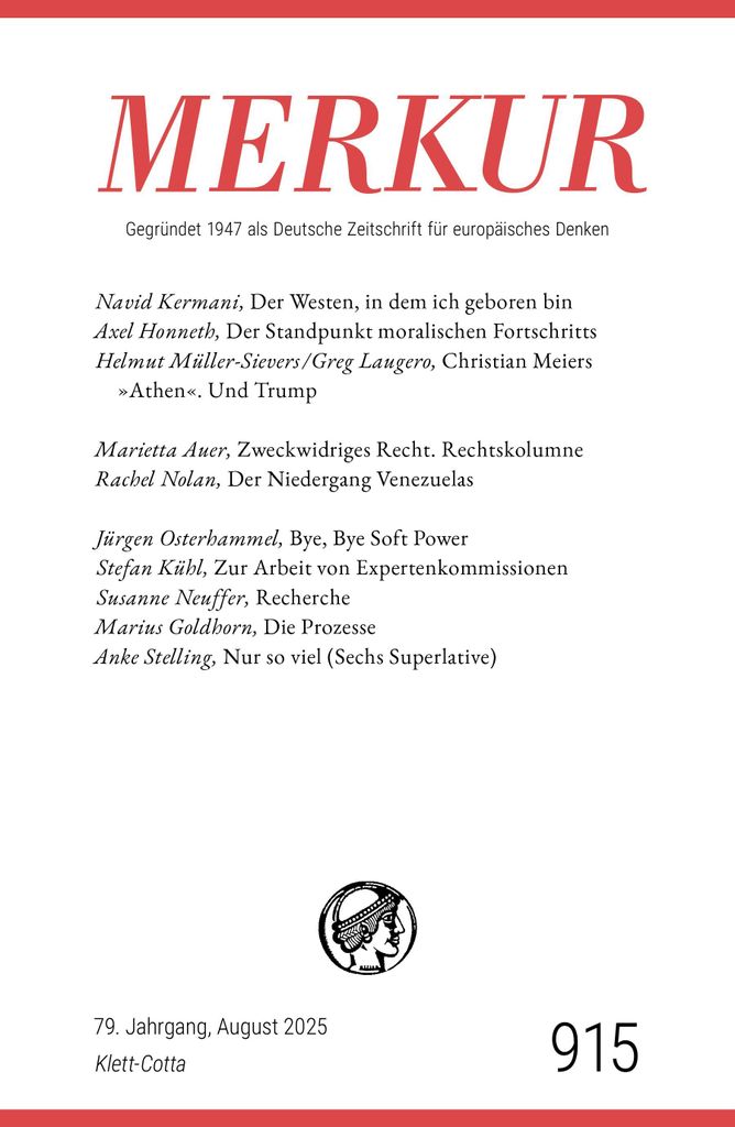 MERKUR Zeitschrift, 79. Jahrgang, Ausgabe 8/2025 – mit Navid Kermani: Das Ende des Westens und Marietta Auer: Rechtskolumne