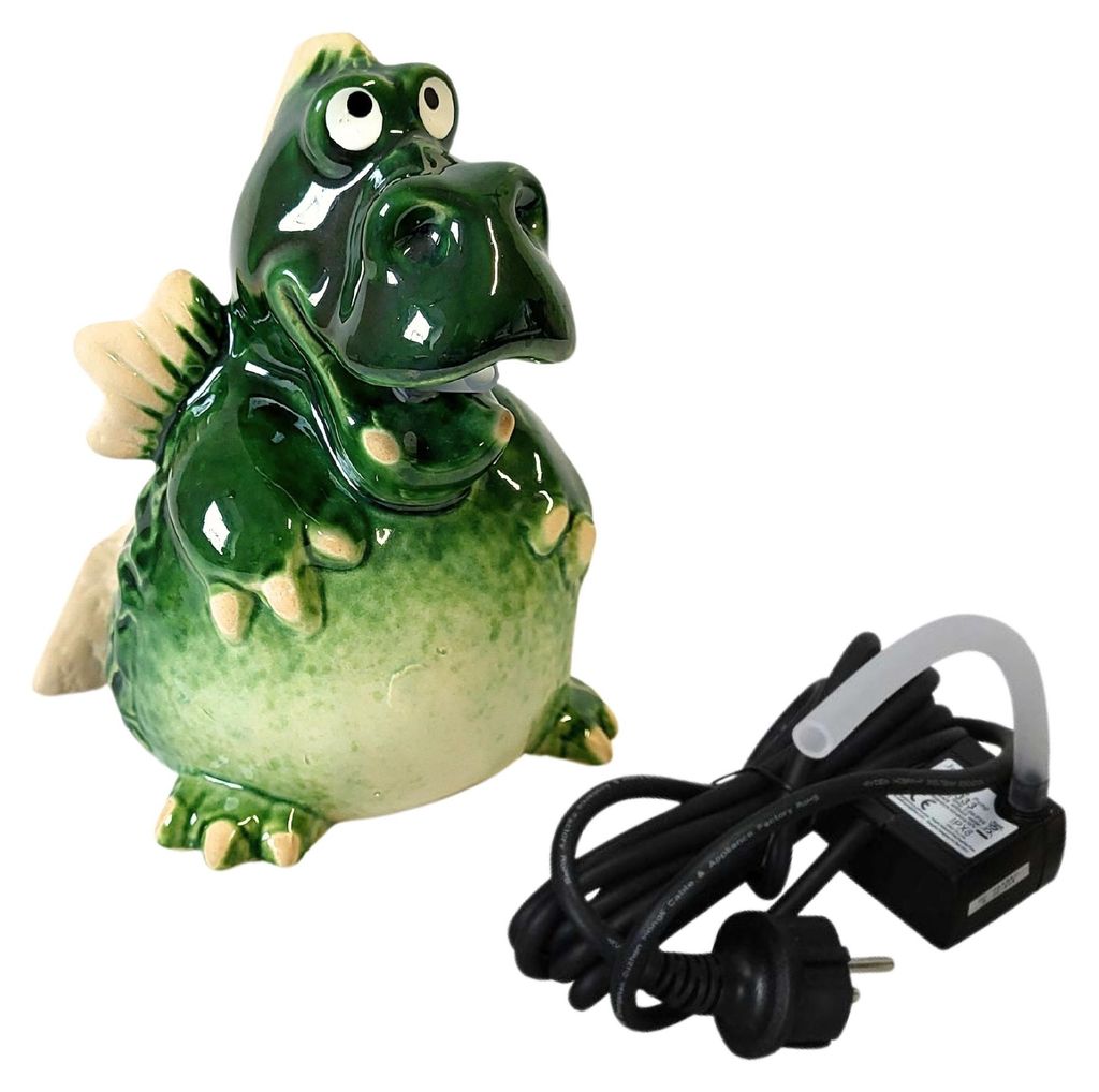 Wasserspeier Drache Grün – Keramik Teichfigur 15cm inkl. 230V Pumpe & Schlauch – Komplettset für Miniteiche, Balkon & Terrasse