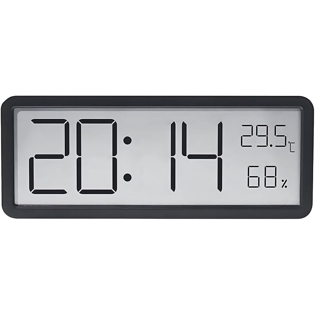 Digitale Wanduhr 20cm Schwarz mit Temperatur, Luftfeuchtigkeit & Datumsanzeige, großes Display, für Wand & Tisch, Batterie-/Netzbetrieb