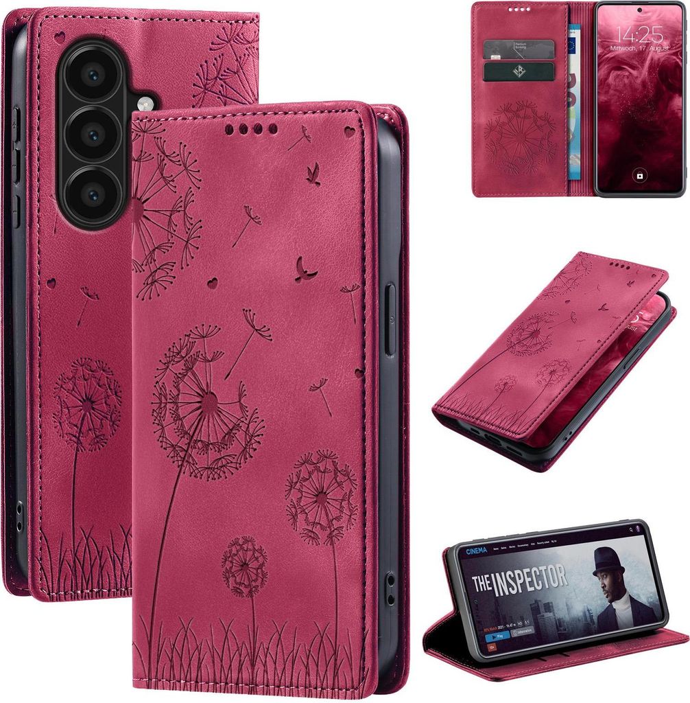 Handyhülle für Samsung Galaxy A57 5G RFID Schutz Klapphülle Case Cover Design Blume Pusteblume Schutzhülle Farbe: Magenta