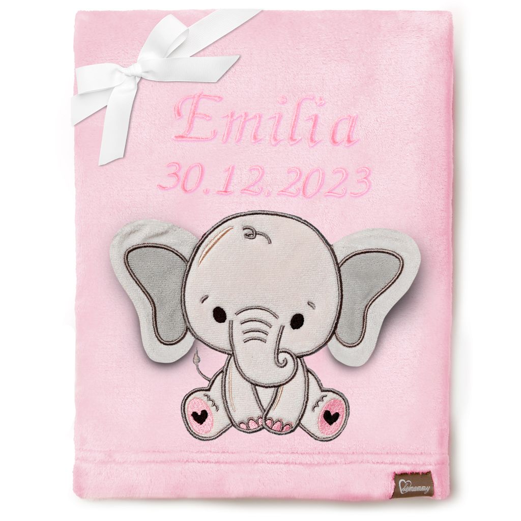 Be Mammy Babydecke mit 3D Applikation bestickt mit Name und Geburtsdatum 76 x 102 cm BE20-280 (Puderrosa – Elefant, 76 x 102 cm).