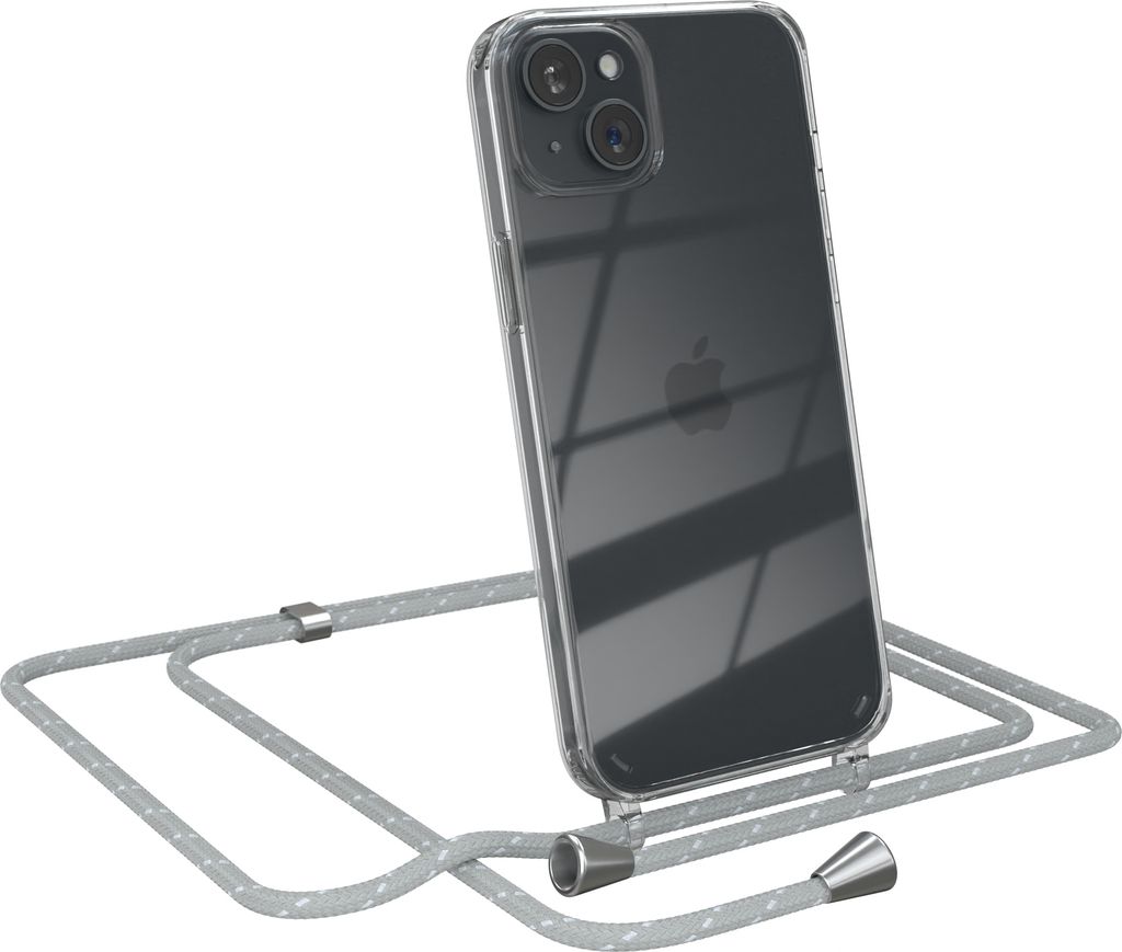 EAZY CASE Handykette kompatibel mit Apple iPhone 15 Plus, Handyhülle mit Umhängeband, Handykordel, Schutzhülle Clear, Band in Grau