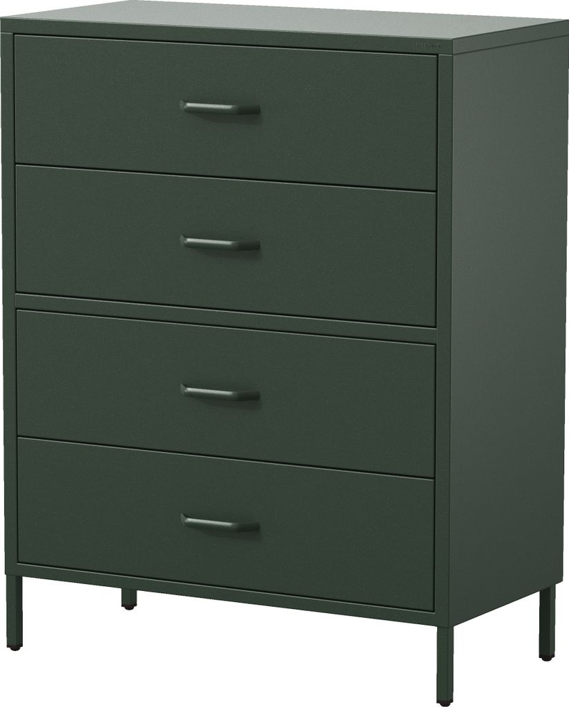 A dark green metal dresser with four drawers is shown against a white background.