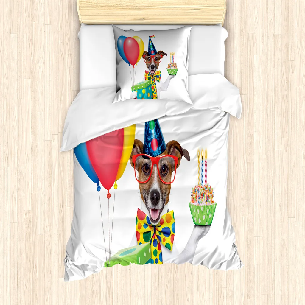 Set copripiumino ABAKUHAUS per letti singoli, cane e palloncini, antiacaro, adatto a chi soffre di allergie, con federa, 135 cm x 200 cm - 80 x 80 cm, multicolore
