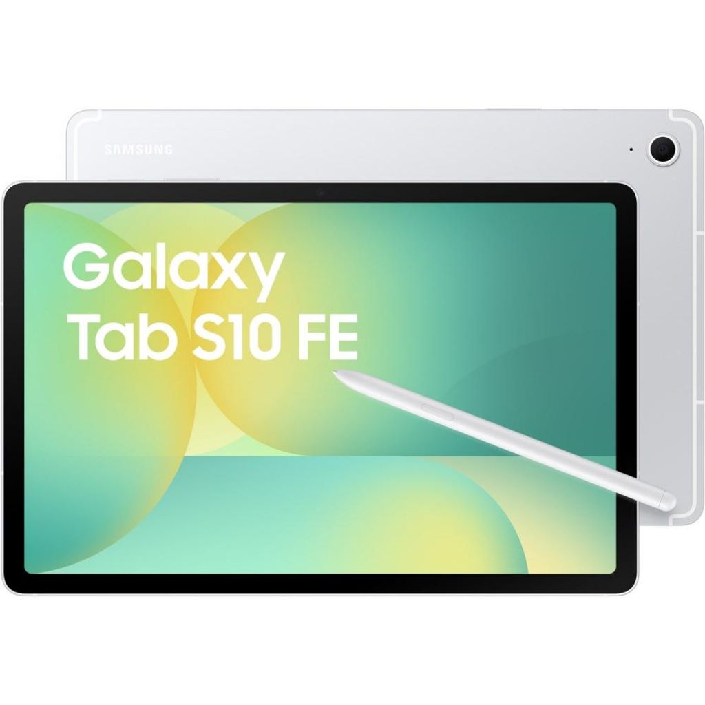 A Samsung Galaxy Tab S10 FE tablet is shown with a stylus. The tablet is silver and has a white stylus resting on its screen. The screen displays the text "Galaxy Tab S10 FE" and a gradient background.