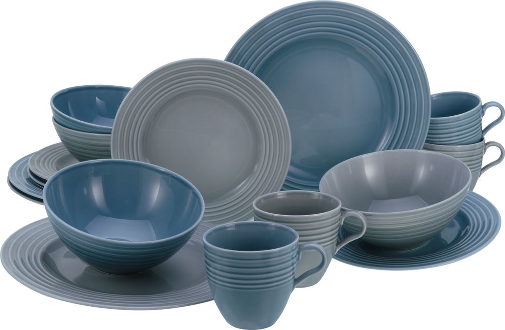 A collection of blue and gray ceramic dishes and mugs arranged on a white background.