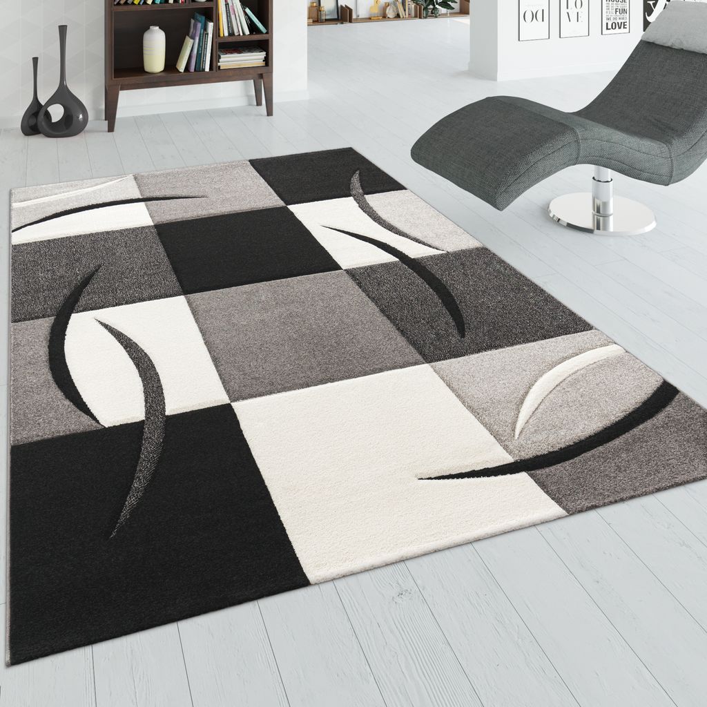Designer Teppich mit Konturenschnitt Muster Kariert in Schwarz Weiss Grau Grösse 300x400 cm