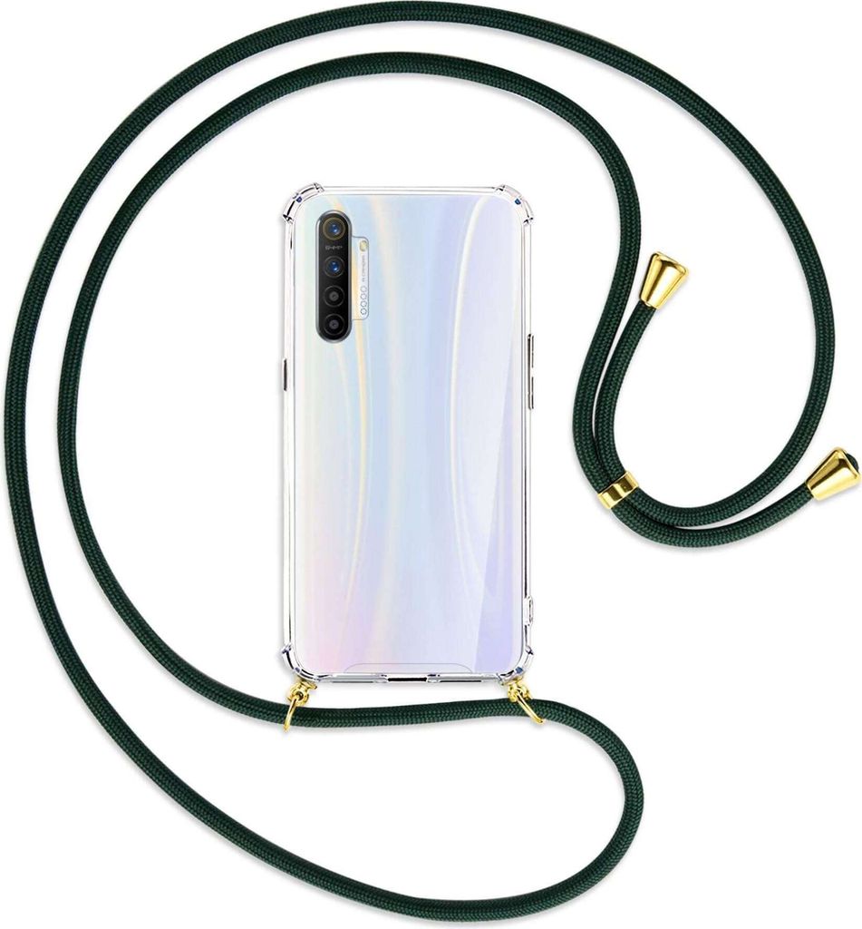 Handykette Backcover-Schutzhülle mit Band (Metall goldfarben) für Realme XT / XT 730G / X2 - dunkelgrün