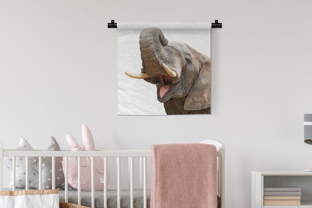 MuchoWow Wandteppich Wandbehang Elefant - Zunge - Weiß 60x60 cm Tapisserie Dekoration Wandtuch - Dekorationen - Wand Decke