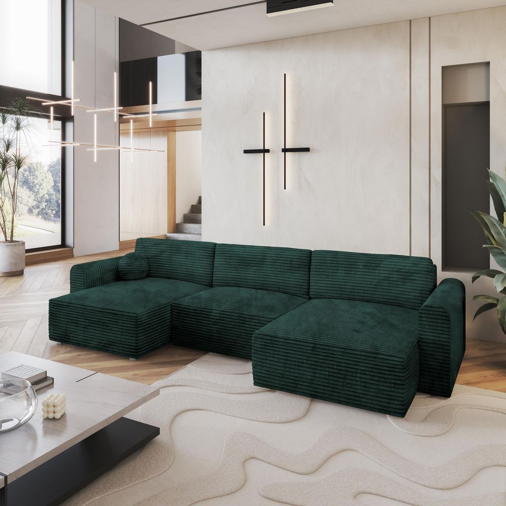 Masseno Ecksofa FENTO mit Schlaffunktion U-Form, Sofa mit Bettkasten, Wohnzimmersofa, Couch, Soffa, Bettsofa, Couchgarnitur- Grün, TILIA 39