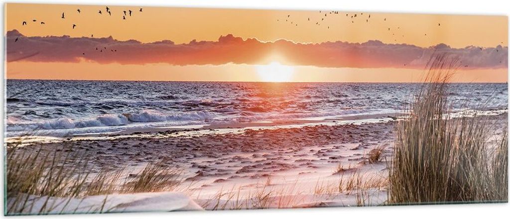 Bilder auf glas - Einteilig - Sonne Strand Vögel - 140x50cm - Glasbilder - Wandbilder - Bilder - zum Aufhängen bereit - Wanddekoration aus Glas -...