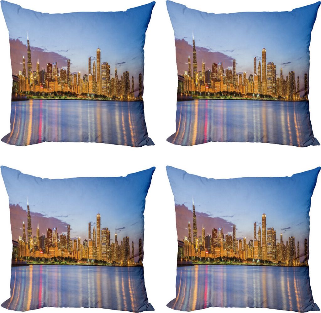 ABAKUHAUS Illinois Kissenbezug Set (4 Stück), Nacht Panorama Skyline, Moderner Doppelseitiger Digitaldruck, 60 cm x 60 cm, Ceil Blau Aprikose