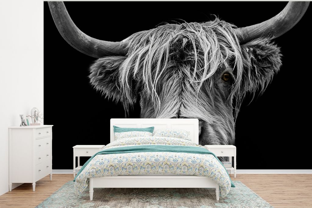 MuchoWow Fototapete für Wohnzimmer oder Schlafzimmer Wandtapete Vinyl Motivtapete Schottischer Highlander - Hörner - Schwarz - Weiß - Kuh - Wi...