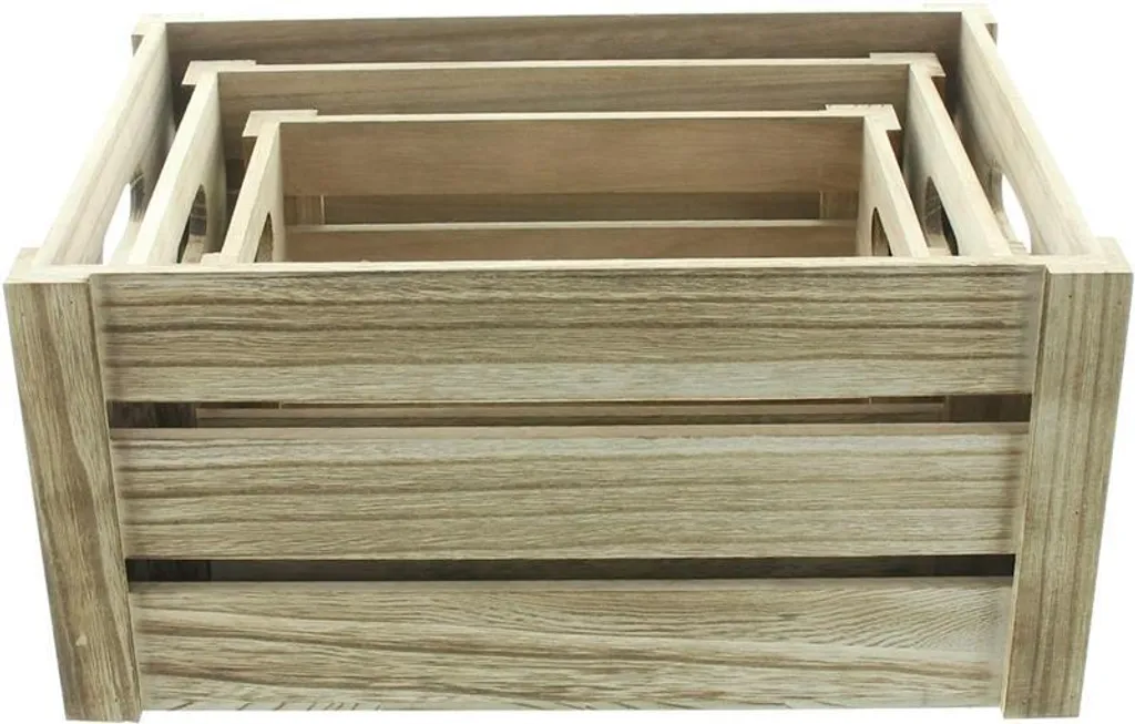 3x Caisses en bois naturel avec poignées - Rangement empilable Basic