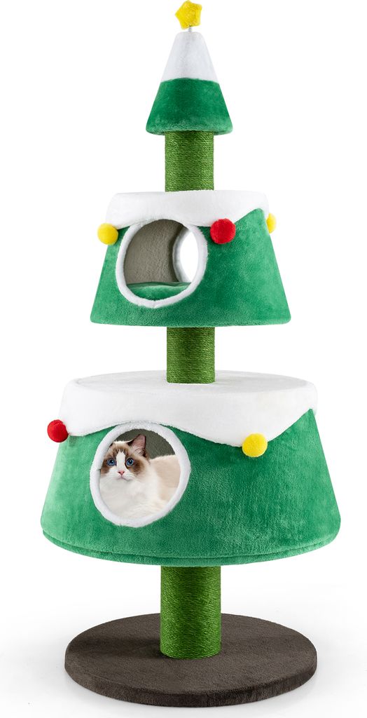 A Christmas tree-shaped cat scratching post with two enclosed levels and a cat peeking out of the lower level.