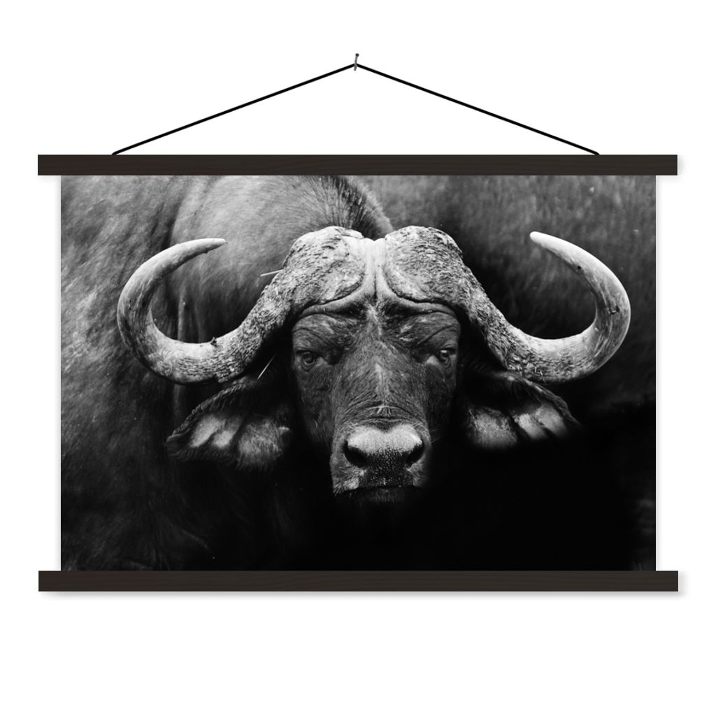 MuchoWow Textilposter Tiere - Büffel - Schwarz - Weiß - Porträt 60x40 cm mit schwarzem Rahmen - Hölzernes