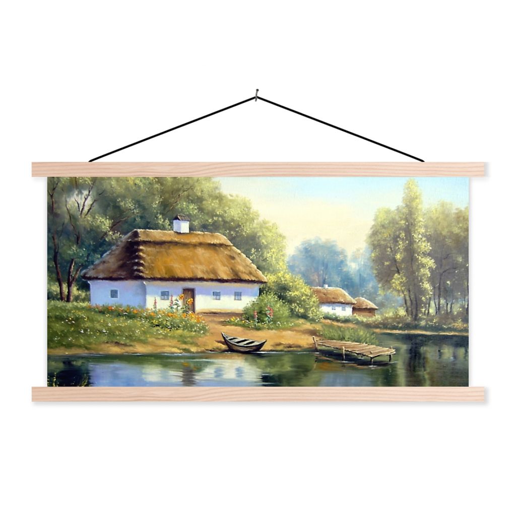 MuchoWow Textilposter Malerei - Haus - Natur - Wasser - Ölfarbe 150x75 cm mit holzfarbenen Rahmen - Plakate