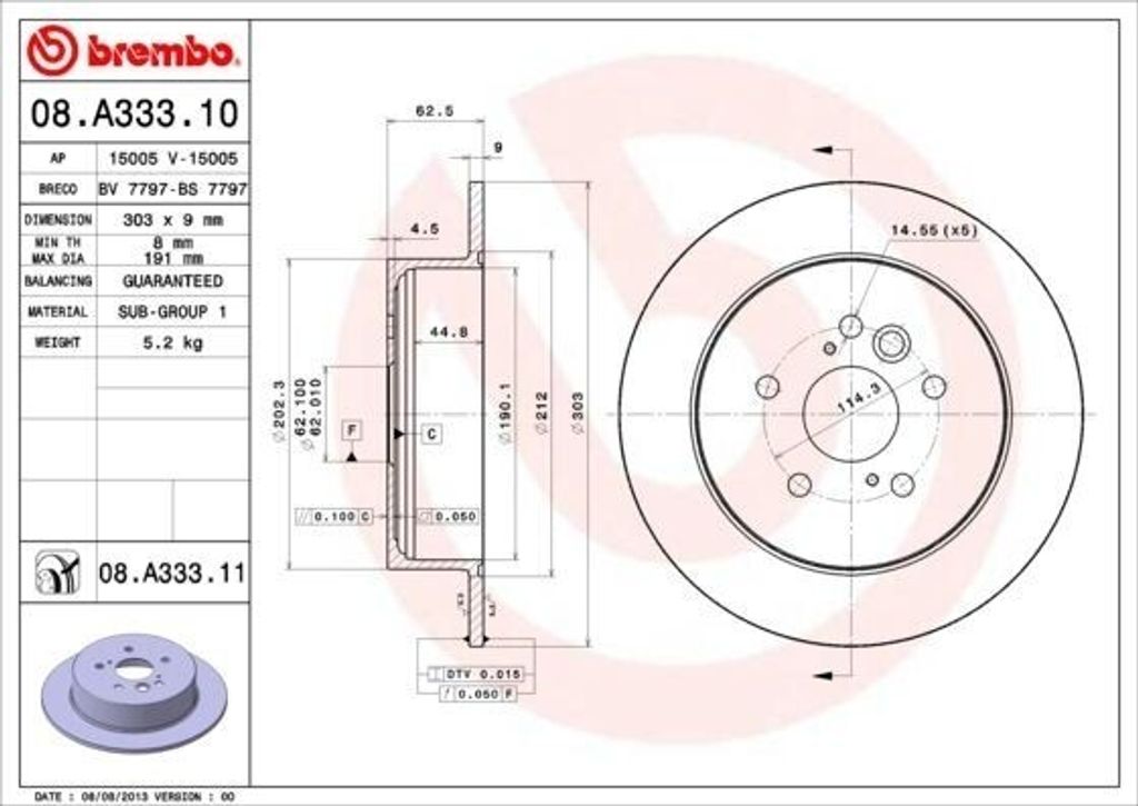BREMBO 08.A333.11 Bremsscheibe OE T113502075 kompatibel mit RAV 4