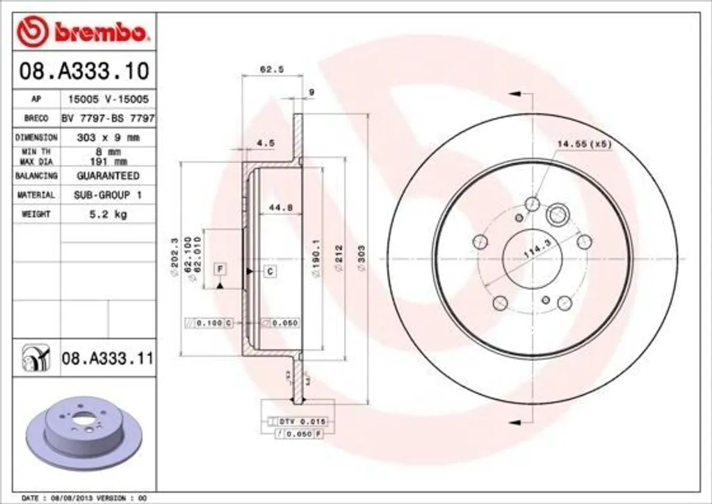 Disque de frein arrière Brembo 08.A333.11 pour Toyota RAV 4 II (A2)