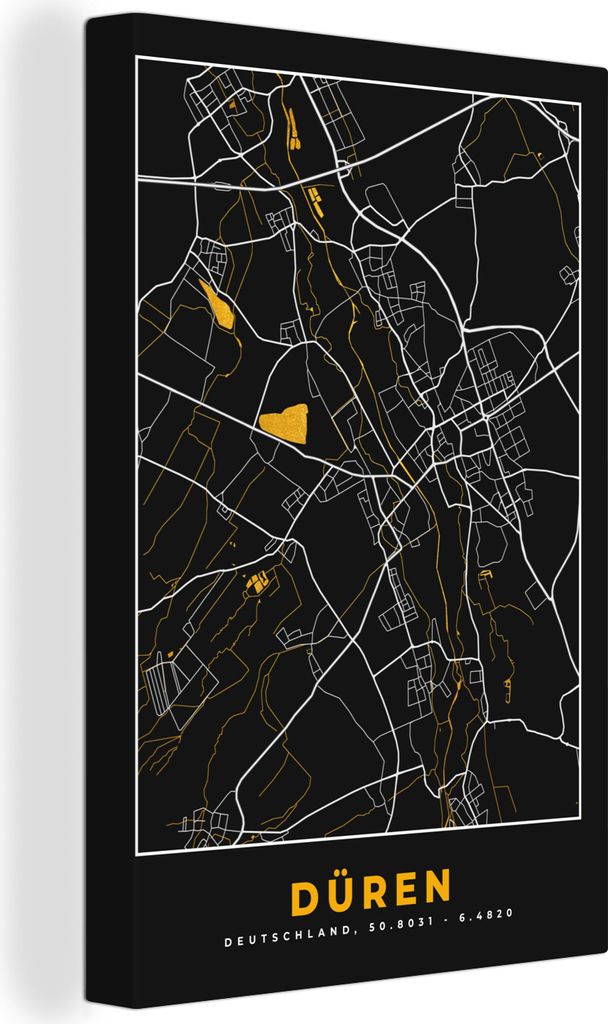 OneMillionCanvasses - Leinwandbilder - 90x140 cm, Schwarz und Gold - Stadtplan - Düren - Deutschland - Karte, Wandbilder Kunstdruck Wanddekorati...