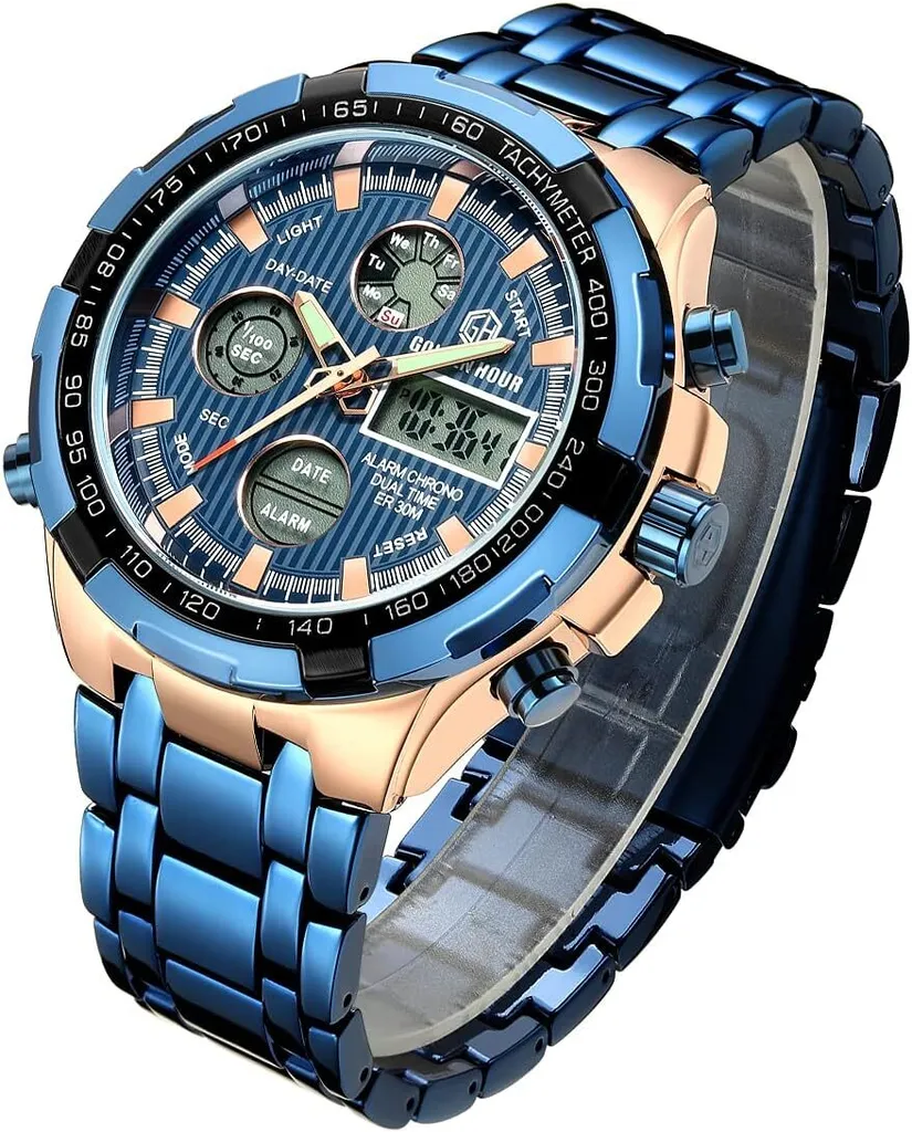Orologio da polso da uomo, cronografo pesante in acciaio inossidabile, impermeabile, con funzione di data e sveglia, display analogico/digitale