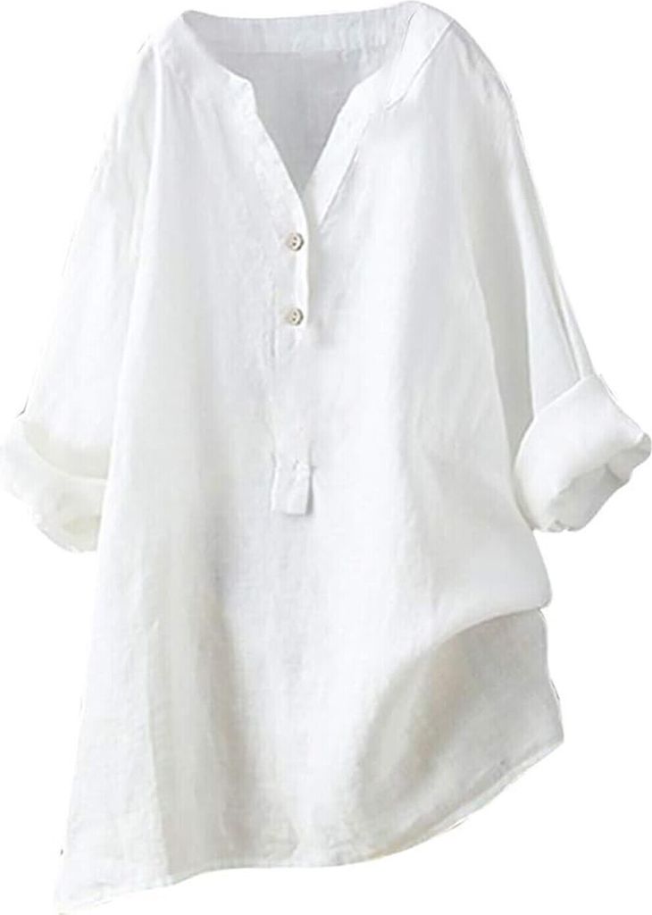 ASKSA Damen Baumwolle Leinen Bluse Einfarbig Langarm Shirt Lose Blusenshirt Knoepfen Aufrollen Tops, Weiss, Groesse: 5XL